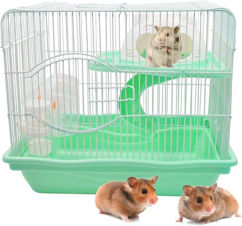 2-Tier Portable Hamster Cage and Habitats,Travel Metal Mouse Cages with Free Water Bottle,Houses and Exercise Wheel for Any Breed of Hamster and Small Animal (14.6x11.0x11.8inch Light Blue) in Saudi Arabia
