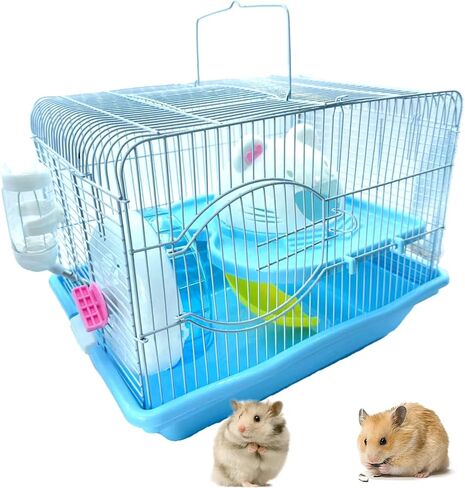 2-Tier Portable Hamster Cage and Habitats,Travel Metal Mouse Cages with Free Water Bottle,Houses and Exercise Wheel for Any Breed of Hamster and Small Animal (14.6x11.0x11.8inch Light Blue) in Saudi Arabia