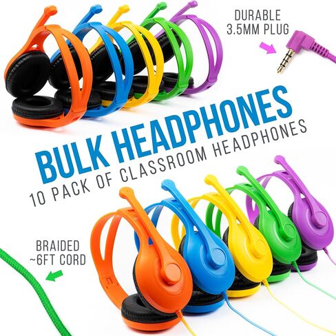 Barks Classroom Headphones with Microphone (10 Pack, Mixed Colors) - Superior On-Ear Bulk Headphones for School: Best for Students K-12 Classrooms (Rotating Boom Mic, Good Recording Quality) in Saudi Arabia
