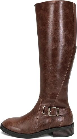 Soda “NECTAR" ~ Women Round Toe Buckle Belted Strap Top Shaft Elastic Gore Low Heel Knee-High Riding Boot with Side Zipper in Saudi Arabia