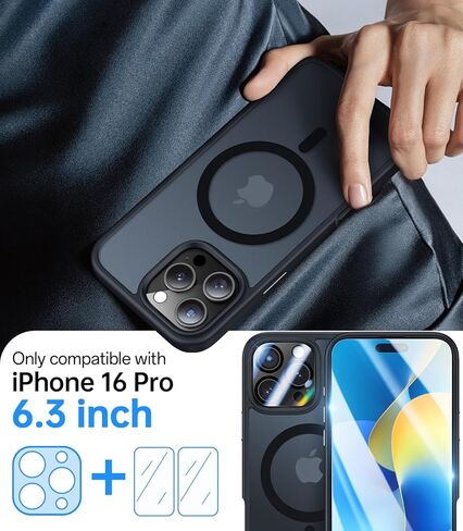 Meifigno Magnetic Case Designed for iPhone 16 Pro 6.3’’, [ with 2X Clear Screen Protectors & 1X Lens Protector] [MagSafe Compatible], Shockproof Case for iPhone 16 Pro, Black in Saudi Arabia