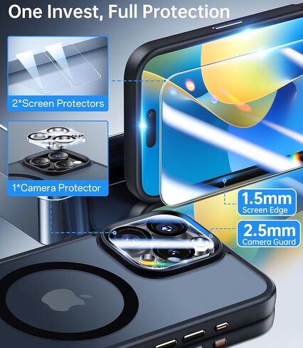 Meifigno Magnetic Case Designed for iPhone 16 Pro 6.3’’, [ with 2X Clear Screen Protectors & 1X Lens Protector] [MagSafe Compatible], Shockproof Case for iPhone 16 Pro, Black in Saudi Arabia