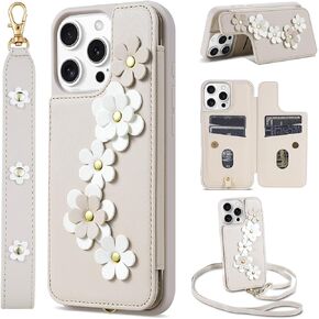 for iPhone 16 Pro Max Case, Wallet with Card Holder, Cute Flower Design Crossbody Phone Purse for Women, PU Leather Magnetic Kickstand Shockproof Cover with Wrist Strap Phone Case 6.9"(Beige)