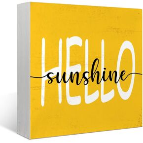 Hello Sunshine Summer Wood Box Sign Desk Decor Boho Sun Sunshine Wooden Box Block Sign Decorations for Home Office Wall Tabletop Desk Decor