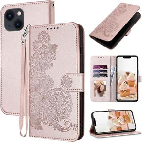 for iPhone 14 Case Wallet,Cute Floral Pattern Leather for Women Girl,Card Holder Kickstand Flip Cases,Wrist Strap,Magnetic Closure,Shockproof Protective Cover for iPhone 14 (Rose Gold)