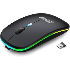 Zenyx Wireless Rechargeable Mouse, Dual Mode with USB Receiver & Bluetooth 5.1, 2.4GHz, Slim Portable Mouse with LED Lights, Silent, Compatible for Laptop Windows MAC Android PC & Computer, Black