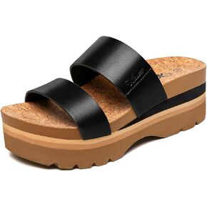 صنادل أرضية سوداء من Athlefit للنساء صنادل صيفية بحزامين لطيفة سهلة الارتداء على وسادة القدم صنادل شاطئ مقاس 10 in Kuwait