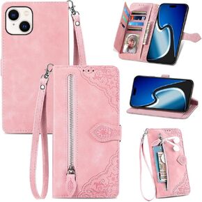 Cases for iPhone 15 Wallet Case for Women with Card Holder Retro Embossed Flower Zipper Wallet PU Leather Flip Cover with Detachable Lanyard for Apple iPhone 15 6.1" Pink