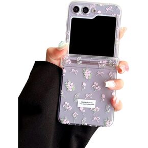 for Samsung Galaxy Z Flip 6 Lovely Case Pink Flowers and Cute Bows, Woman Elegant Floral Case for Galaxy Z Flip 6 Hinge Protector, Girls Clear PC Case for Z Flip 6