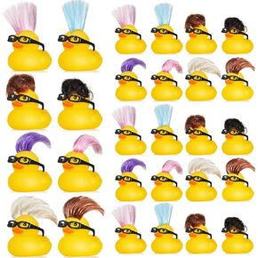 20 Pcs Rubber Ducks with Wig and Black Glasses Squeaky Duck Bath Toy Small Rubber Duckies Bulk Cute and Funny Bathtub Toys for Summer Pool Birthday Gifts Holiday Party Favors (Stylish)