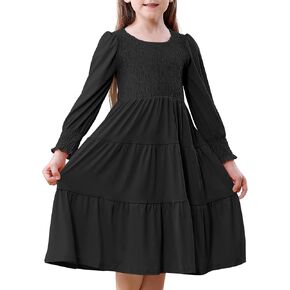 DREAM BUS Toddler Girl Fall Casual Dress Girl Smocked Long Sleeve Midi Dress Little Girl Tiered A Line Party Flowy Dress