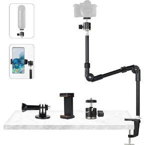 UTEBIT Desktop Camera Microphone Lighting Overhead Bracket with Articulating Arms, Flexible Overhead Camera Mount with 1/4" Screw & 360° Ballhead, C-clamp Desk Mount for DSLR Camera/Webcam/Lights