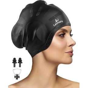 Long Hair Swim Cap for Women Men with 3D Ear Protection, Silicone Swimming Cap for Long/Short Hair to Keep Hair Dry.