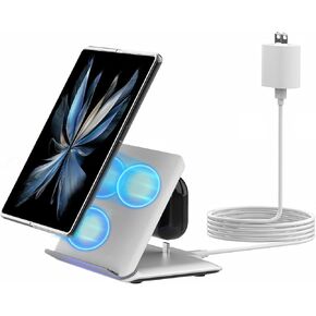 حامل شاحن لاسلكي لهاتف Samsung Galaxy Z Fold/Pixel 9 Pro Fold، محطة شحن لاسلكية سريعة 2 في 1 لهاتف Galaxy Z Fold 6/5/4/3، حامل شحن 3 ملفات لسماعات Galaxy Buds، أبيض (يتضمن محول 20 وات)