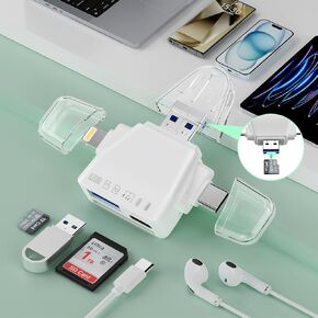 قارئ بطاقة ذاكرة 7 في 1 USB3.0 Lightning+USB C+USB A SD/TF/Micro SD لهاتف iPhone 15 14 13/iPad/Android/Samsung/PC/الكاميرا/القرص الصلب/محرك فلاش/سماعات رأس من النوع C محول الصوت/لوحة المفاتيح/الماوس - شحن 60 وات