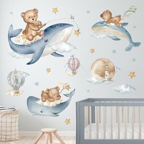 wondever Sleeping Baby Bear Wall Stickers Whale Ocean Animals Hot Air Balloon Peel and Stick Wall Art Decals for Kids Bedroom Baby Nursery