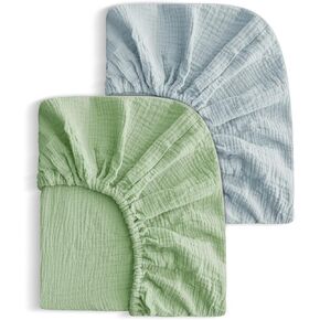 2 Pack Soft Muslin Baby Mini Crib Sheets, 100% Cotton Breathable Double Layer Fitted Sheets for Mini Crib and Pack N Play Mattresses 24x38 Inches, for Baby Girls and Boys (White & Brick