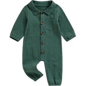 Emmababy Baby Boy Girl Button Jumpsuit Solid Baptism Romper Long Sleeve Collared Shirt Bodysuit Cotton Linen Pocket Playsuit