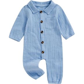 Emmababy Baby Boy Girl Button Jumpsuit Solid Baptism Romper Long Sleeve Collared Shirt Bodysuit Cotton Linen Pocket Playsuit