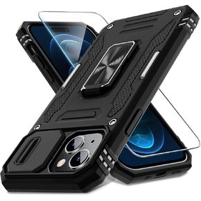 DEERLAMN Case for iPhone 15 Plus with Slide Camera Cover+Screen Protector(1 Pack), Rotated Ring Kickstand Military Grade Shockproof Protective Cover 6.7 Inch-Black