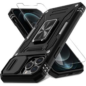 DEERLAMN Case for iPhone 12 Pro Max with Slide Camera Cover+Screen Protector(1 Pack),Rotated Ring Kickstand Military Grade Shockproof Protective Cover 6.7 Inch-Black