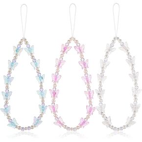 3Pcs Butterfly Beaded Phone Charm, Stationery Decoration Charm Pearl Beaded Cell Phone Lanyard Wrist Strap Pearl Cute Y2K Aesthetic Chain for Camera Bag Purse Decor