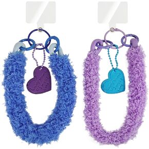 MGQILING 2PCS Plush Wristband With Phone Tether Tab, Cute Plush Phone Strap with Love Heart Tag, Hanging Accessory Anti-loss Phone Lanyard for Women Girls