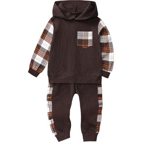 Toddler Boy Clothes Waffle Plaid Hoodie Sweatshirt Patchwork Casual Pants 2Pcs Boys Fall Winter Outfits with Pockets