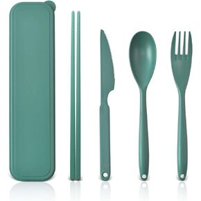 Reusable Travel Utensils Set with Case, Large Plastic Silverware Set for Adults Kids Lunch Accessories, Portable Camping Flatware Cutlery Set with Chopsticks for Daily Use(Dark Blue)