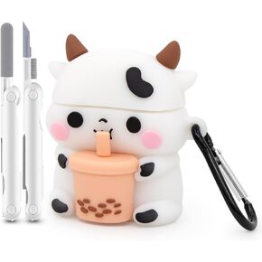 Cute Airpods Case, Boba Tea Cow Airpods 2 Case, 3D Animals Airpods 1st Generation Case, Airpods 2nd Generation Shockproof PVC Charging Case with Cleaner Kit and Carabiner