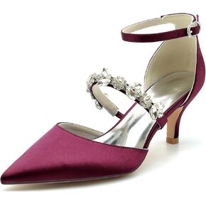 Womens Crystal Pumps Low Kitten Heel Satin Ankle Strap High Heels Pointed Toe Wedding Pumps Party Dress Shoes