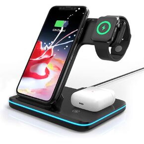 Omni Dock QI Wireless Charging Station, Black, 15W Fast Charger Docking Stand, Compatible with Apple Watch, AirPods, iPhone, Samsung, 3 in 1, Multiple Devices, Nightstand Organizer