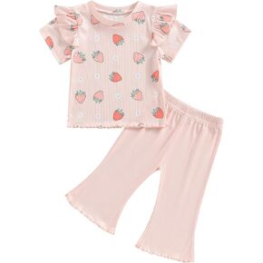Emmababy Toddler Girl Flare Pants Set Daisy Print Floral Shirt Ruffle Short Sleeve Tops Ribbed Bell Bottoms Strawberry Outfit