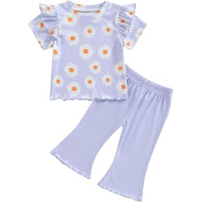 Emmababy Toddler Girl Flare Pants Set Daisy Print Floral Shirt Ruffle Short Sleeve Tops Ribbed Bell Bottoms Strawberry Outfit