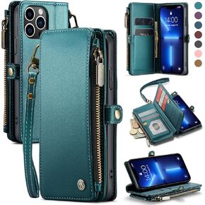 Defencase iPhone 13 Pro Case, RFID Blocking Wallet for Women & Men, Elegant Black PU Leather, 7 Card Holder, Zipper, Kickstand, Magnetic Flip, Unisex