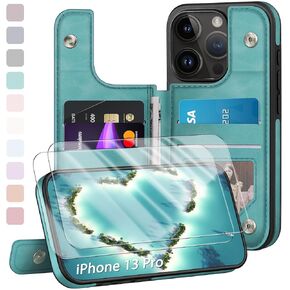 Designed for iPhone 13 Pro Case Wallet, Card Holder Case with [2 Screen Protectors][Magnetic Clasp Folio Cover][RFID Blocking Leather] Shockproof Women Men Cases 6.1" for Apple 13 Pro Light Brown
