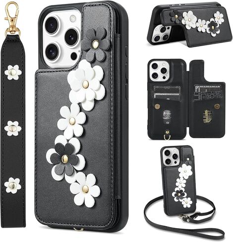 for iPhone 16 Pro Max Case, Wallet with Card Holder, Cute Flower Design Crossbody Phone Purse for Women, PU Leather Magnetic Kickstand Shockproof Cover with Wrist Strap Phone Case 6.9"(Beige) in Saudi Arabia