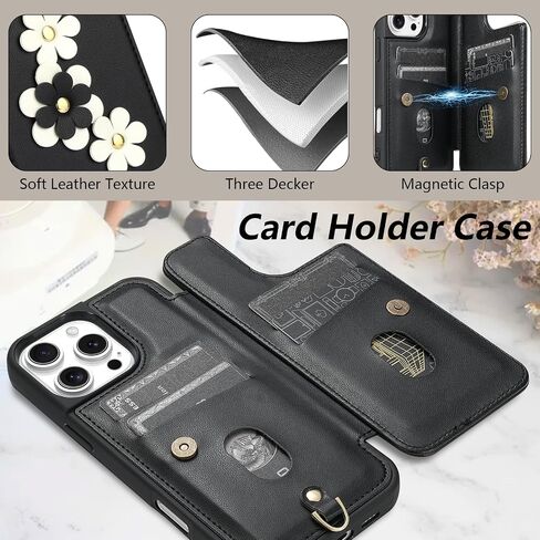 for iPhone 16 Pro Max Case, Wallet with Card Holder, Cute Flower Design Crossbody Phone Purse for Women, PU Leather Magnetic Kickstand Shockproof Cover with Wrist Strap Phone Case 6.9"(Beige) in Saudi Arabia