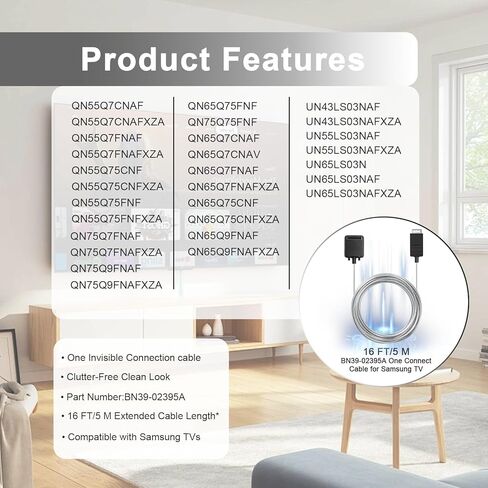 BN39-02470A كابل توصيل واحد غير مرئي بطول 16 قدمًا لتلفزيون Samsung Frame إلى صندوق توصيل واحد، متوافق مع تلفزيون Samsung QLED 4K/8K Frame الذكي (موديلات 2019-2022) in Kuwait