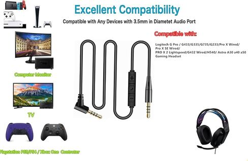 Audio Cable For Logitech G Pro / G433/G335/G735/G233/Pro X 2 SE /G432 Wired/H540/ Astro A30 40 50 Gaming Headset, Aux Stereo Headset Wire Cord For TV, PC,Computer Monitor,Switch, PS5/PS4 / Xbox in Saudi Arabia