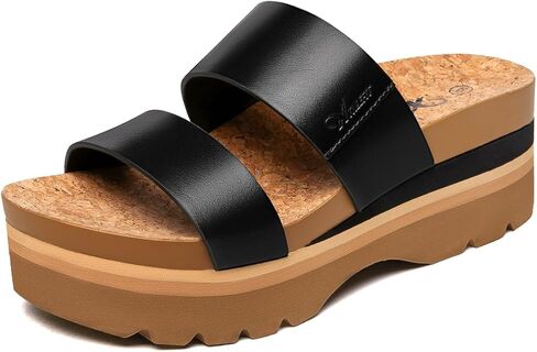 صنادل أرضية سوداء من Athlefit للنساء صنادل صيفية بحزامين لطيفة سهلة الارتداء على وسادة القدم صنادل شاطئ مقاس 10 in Kuwait