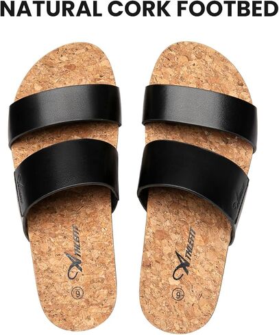 صنادل أرضية سوداء من Athlefit للنساء صنادل صيفية بحزامين لطيفة سهلة الارتداء على وسادة القدم صنادل شاطئ مقاس 10 in Kuwait