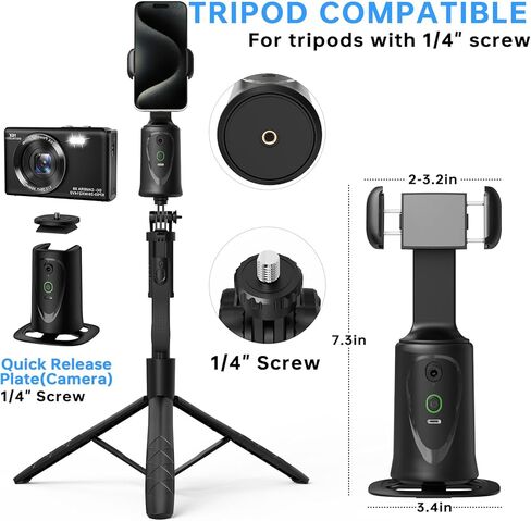 حامل ثلاثي لتتبع الوجه تلقائيًا مع ضوء تعبئة قابل لإعادة الشحن مع 6 مستويات من السطوع، دوران 360 درجة للوجه والجسم وكاميرا الهاتف والتحكم في الإيماءات، حامل تصوير ذكي لمدونات الفيديو والبث والفيديو وتيكتوك in Kuwait