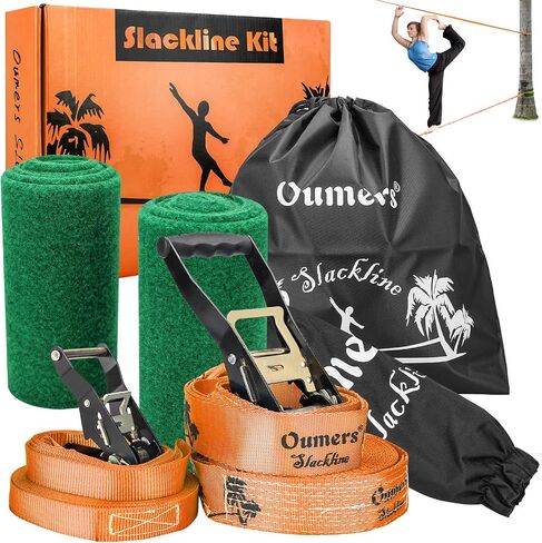 Beginner Slackline Kit, Oumers Slack Line Gift Set with 50ft Main Blance line Training Line Tree Protector Ratchet Cover Carry Bag for Kids Adults in Saudi Arabia