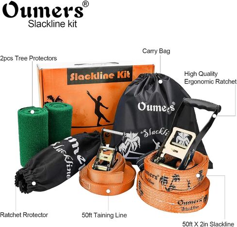 Beginner Slackline Kit, Oumers Slack Line Gift Set with 50ft Main Blance line Training Line Tree Protector Ratchet Cover Carry Bag for Kids Adults in Saudi Arabia