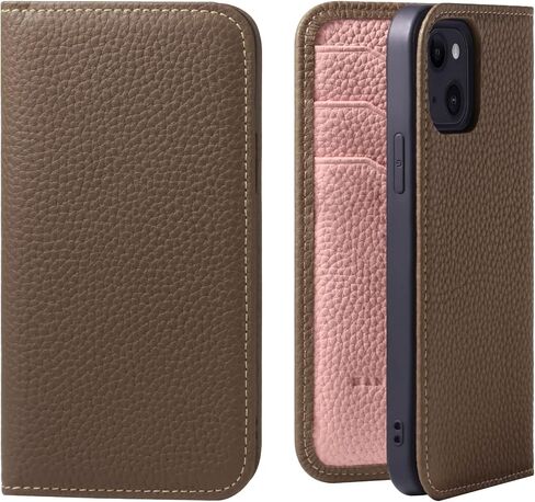 Hanatora - حافظة هاتف iPhone12Mini يابانية مع حامل بطاقة وغطاء هاتف من الجلد الأصلي، حافظة عالية الجودة بدون مغناطيس رمادي داكن + وردي PH-12Mini-Taupe-PK in Kuwait