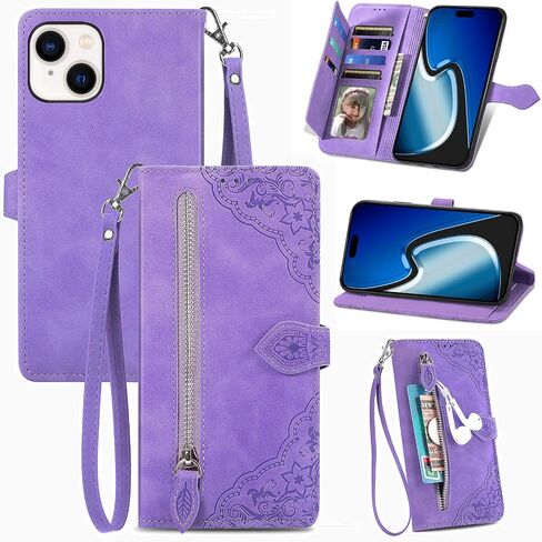 Cases for iPhone 15 Wallet Case for Women with Card Holder Retro Embossed Flower Zipper Wallet PU Leather Flip Cover with Detachable Lanyard for Apple iPhone 15 6.1" Pink in Saudi Arabia