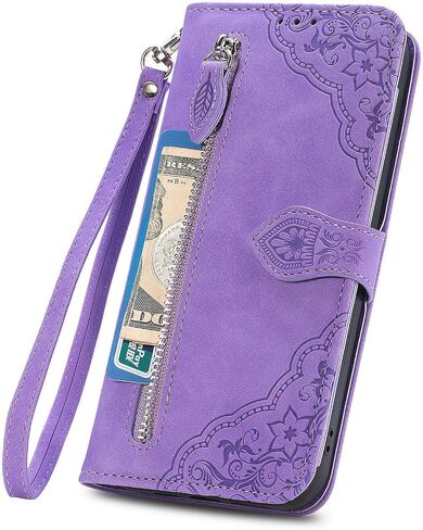 Cases for iPhone 15 Wallet Case for Women with Card Holder Retro Embossed Flower Zipper Wallet PU Leather Flip Cover with Detachable Lanyard for Apple iPhone 15 6.1" Pink in Saudi Arabia
