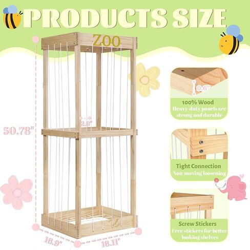 Trycooling Wood Stuffed Animal Zoo Stuffed Animal Storage, Wood | Plushie Storage, Stuffed Animals Zoo Storage Cage with Zoo Pattern Elastic Band for Nursery Play Room Bedroom in Saudi Arabia