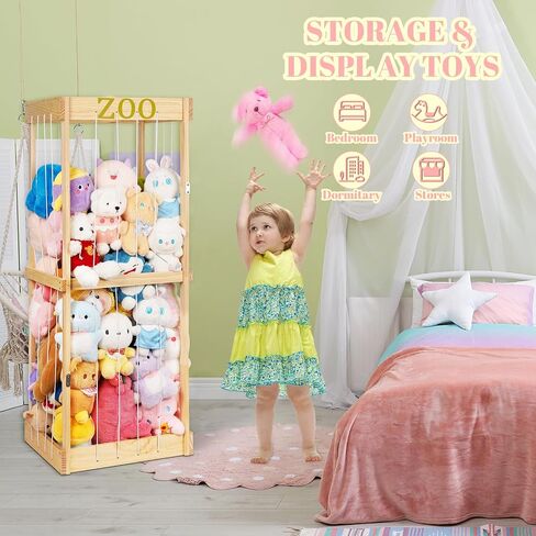 Trycooling Wood Stuffed Animal Zoo Stuffed Animal Storage, Wood | Plushie Storage, Stuffed Animals Zoo Storage Cage with Zoo Pattern Elastic Band for Nursery Play Room Bedroom in Saudi Arabia